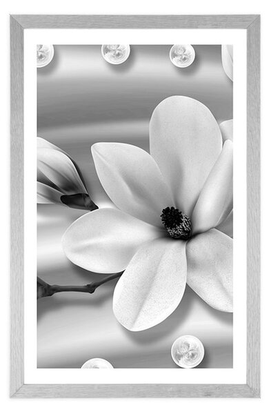 Poster cu passepartout magnolie de lux cu perle în design alb-negru