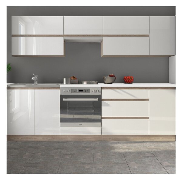 Set bucatarie LINE, alb lucios, PAL laminat, 260 cm