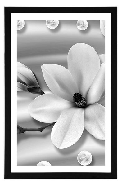 Poster cu passepartout magnolie de lux cu perle în design alb-negru
