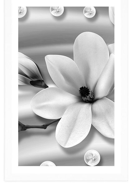 Poster cu passepartout magnolie de lux cu perle în design alb-negru