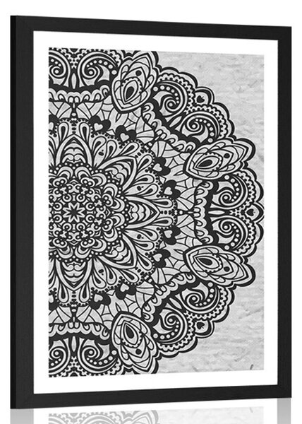 Poster cu passepartout Mandala florală în design alb-negru
