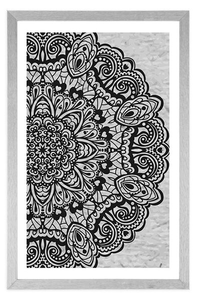 Poster cu passepartout Mandala florală în design alb-negru