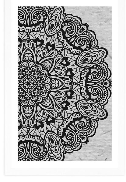 Poster cu passepartout Mandala florală în design alb-negru