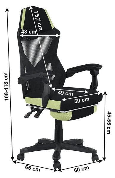 Scaun gaming JORIK NEW, negru/verde, plasa/plastic, 60x65x108/118 cm