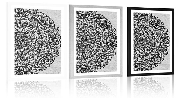 Poster cu passepartout Mandala florală în design alb-negru