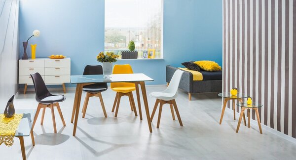 Scaun dining KRIS, alb/stejar, piele ecologica/lemn, 49x43x83 cm