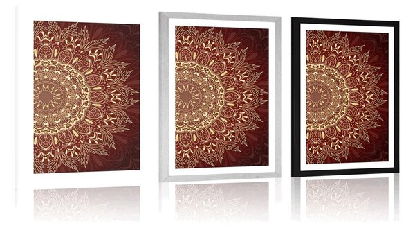Poster cu passepartout Mandala aurie pe fundal vișiniu