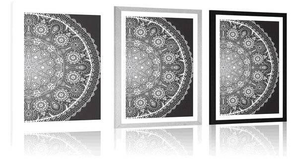 Poster cu passepartout Mandala ornamentală cu dantelă în design alb-negru