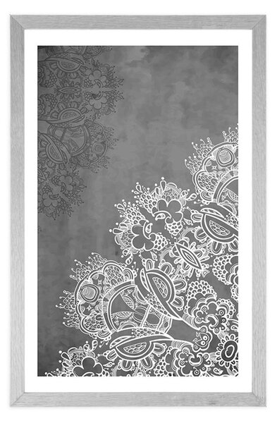Poster cu passepartout elementele unei Mandale florale în design alb-negru