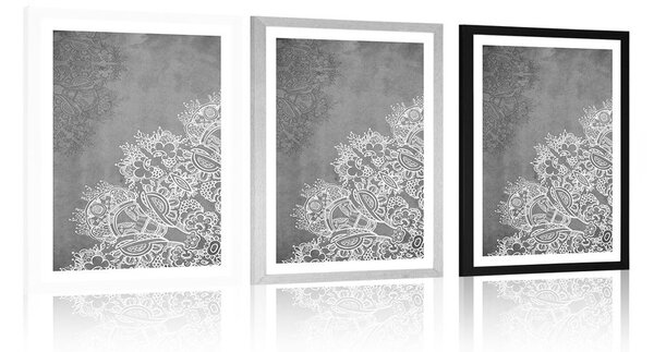 Poster cu passepartout elementele unei Mandale florale în design alb-negru
