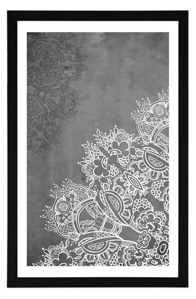 Poster cu passepartout elementele unei Mandale florale în design alb-negru