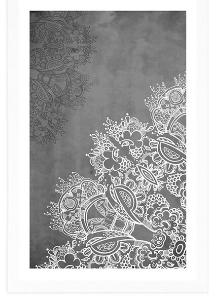 Poster cu passepartout elementele unei Mandale florale în design alb-negru