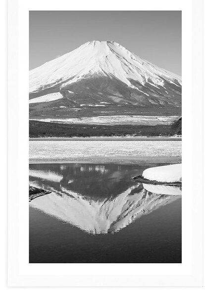 Poster cu passepartout muntele japonez Fuji în design alb-negru