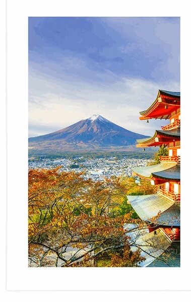 Poster cu passepartout vedere la Chureito Pagoda și muntele Fuji