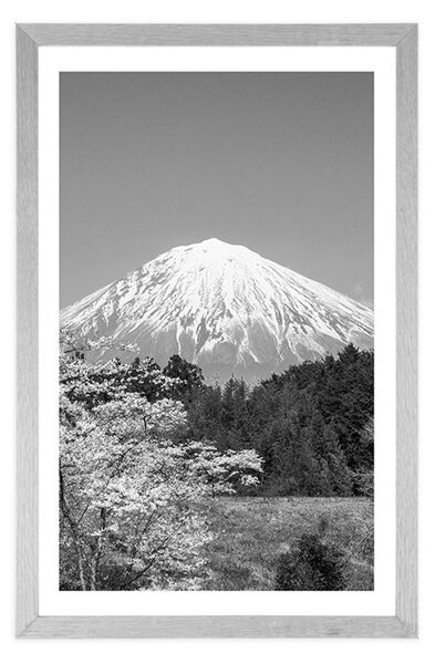 Poster cu passepartout muntele Fuji în design alb-negru