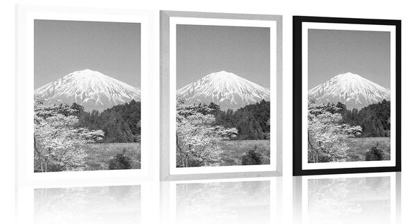 Poster cu passepartout muntele Fuji în design alb-negru