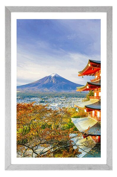 Poster cu passepartout vedere la Chureito Pagoda și muntele Fuji
