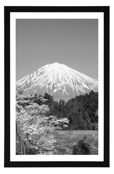 Poster cu passepartout muntele Fuji în design alb-negru