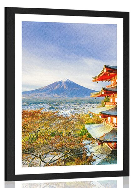 Poster cu passepartout vedere la Chureito Pagoda și muntele Fuji