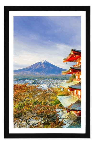 Poster cu passepartout vedere la Chureito Pagoda și muntele Fuji