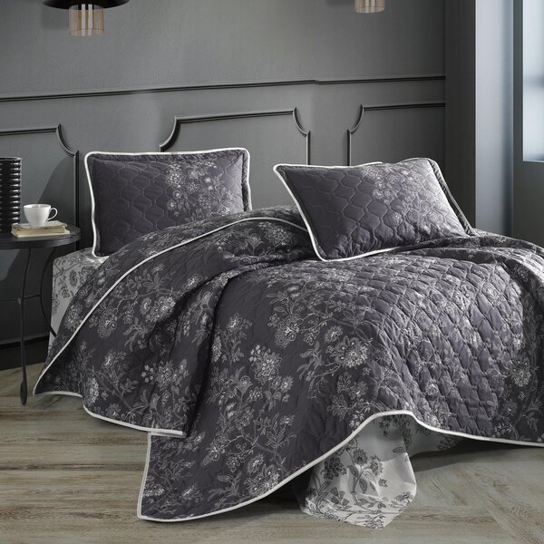 Set cuvertura matlasata pat dublu NALA V1, negru/alb, bumbac, 240x260