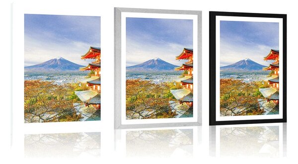 Poster cu passepartout vedere la Chureito Pagoda și muntele Fuji