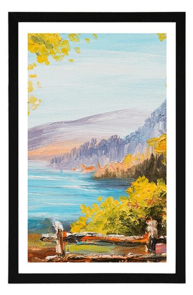 Poster cu passepartout pictură în ulei a lacului de munte