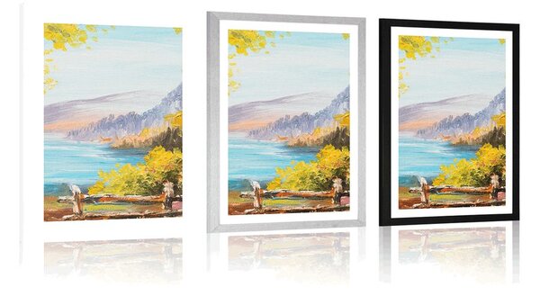Poster cu passepartout pictură în ulei a lacului de munte