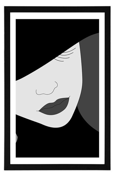 Poster cu passepartout doamnă nobilă în pălărie în design alb-negru