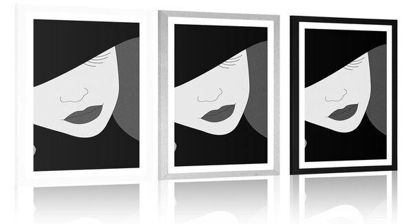 Poster cu passepartout doamnă nobilă în pălărie în design alb-negru