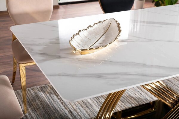 Masa dining 160 cm HERMES, alb cu efect de marmura/auriu, ceramica/met