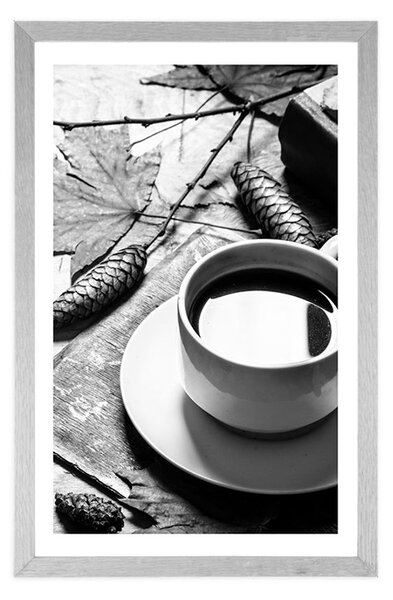 Poster cu passepartout o cană de cafea cu atingere de toamnă în design alb-negru