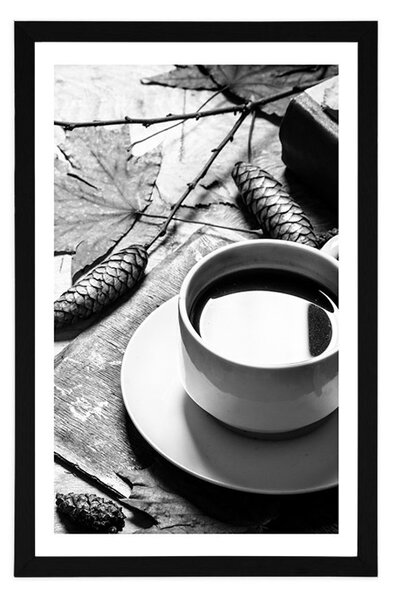 Poster cu passepartout o cană de cafea cu atingere de toamnă în design alb-negru