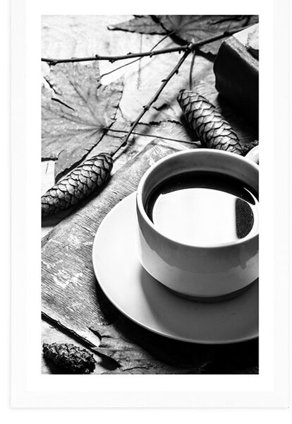 Poster cu passepartout o cană de cafea cu atingere de toamnă în design alb-negru