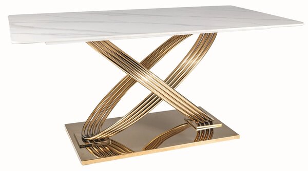 Masa dining 160 cm HERMES, alb cu efect de marmura/auriu, ceramica/met