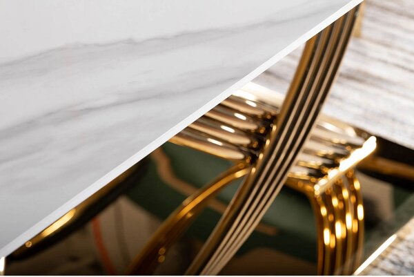 Masa dining 160 cm HERMES, alb cu efect de marmura/auriu, ceramica/met
