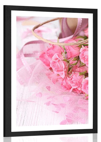 Poster cu passepartout buchet romantic de trandafiri roz