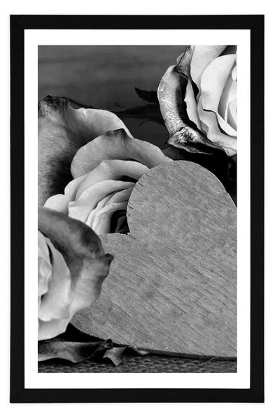Poster cu passepartout trandafiri valentiniane în design alb-negru