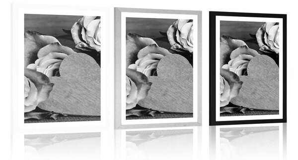 Poster cu passepartout trandafiri valentiniane în design alb-negru