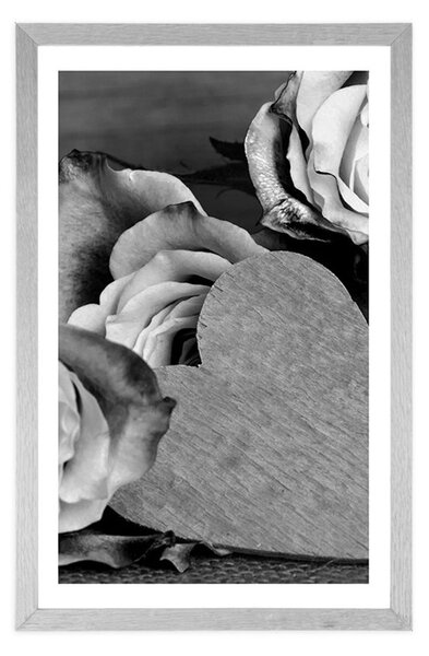 Poster cu passepartout trandafiri valentiniane în design alb-negru