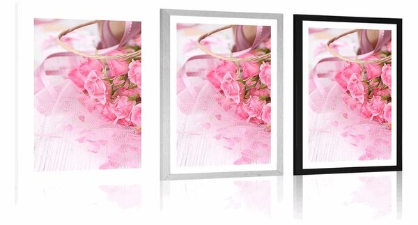 Poster cu passepartout buchet romantic de trandafiri roz