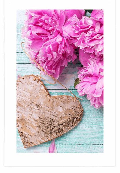 Poster cu passepartout bujori și inimioare de mesteacăn