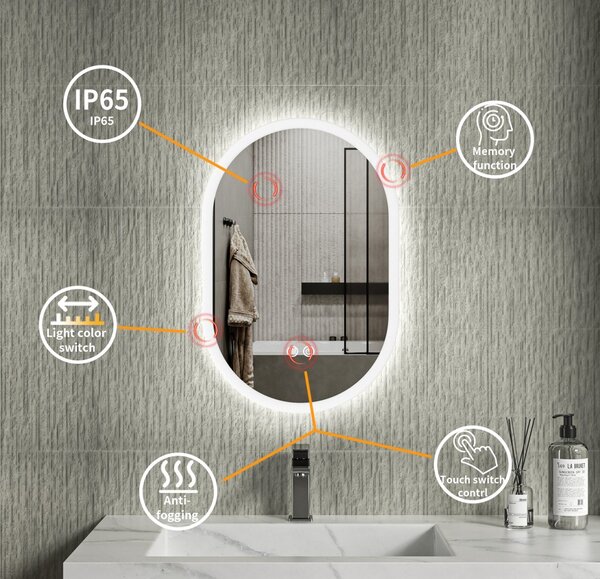 Erga Demi, oglindă ovală LED 40x60cm, 3 culori de lumină, iluminare frontală, pernă încălzitoare anti-aburire, ERG-V01-DEMI-4060-CL