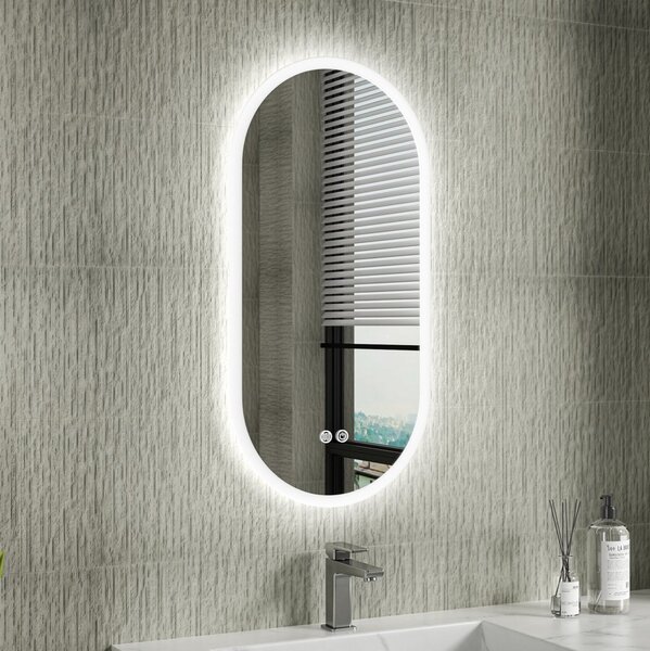 Erga Demi, oglindă ovală LED 40x80cm, 3 culori de lumină, iluminare frontală, pernă încălzitoare anti-aburire, ERG-V01-DEMI-4080-CL