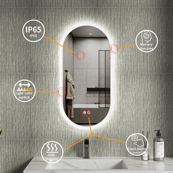 Erga Demi, oglindă ovală LED 40x80cm, 3 culori de lumină, iluminare frontală, pernă încălzitoare anti-aburire, ERG-V01-DEMI-4080-CL