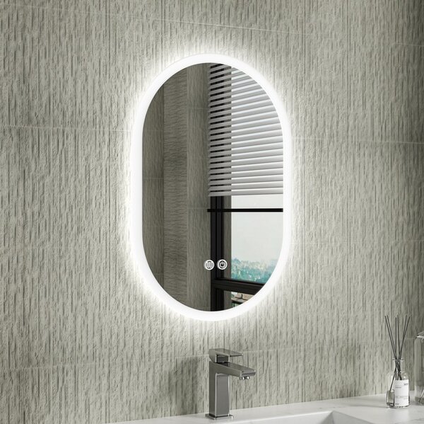 Erga Demi, oglindă ovală LED 40x60cm, 3 culori de lumină, iluminare frontală, pernă încălzitoare anti-aburire, ERG-V01-DEMI-4060-CL