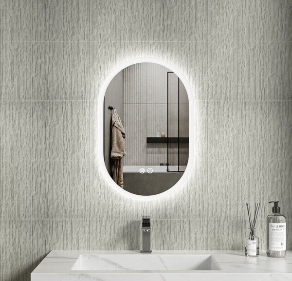 Erga Demi, oglindă ovală LED 40x60cm, 3 culori de lumină, iluminare frontală, pernă încălzitoare anti-aburire, ERG-V01-DEMI-4060-CL