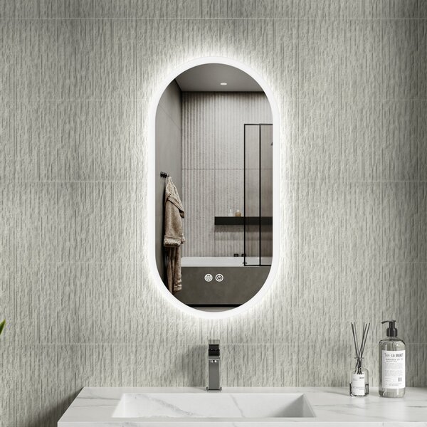 Erga Demi, oglindă ovală LED 40x80cm, 3 culori de lumină, iluminare frontală, pernă încălzitoare anti-aburire, ERG-V01-DEMI-4080-CL