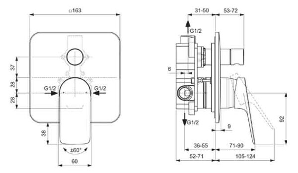 Baterie cadă-duș încastrată Ideal Standard Ceralife C, pătrată, 2 funcții, crom