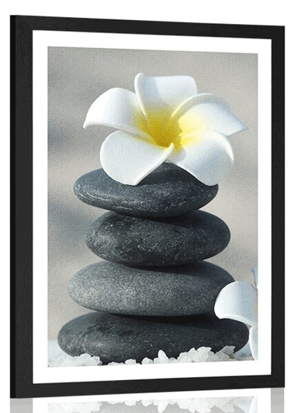 Poster cu passepartout pietre armonioase și o floare de plumeria